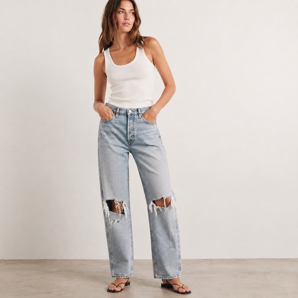 RE/DONE Jeans 90s High Rise Loose Organic Cotton Womens Light Wash 27 Distressed
